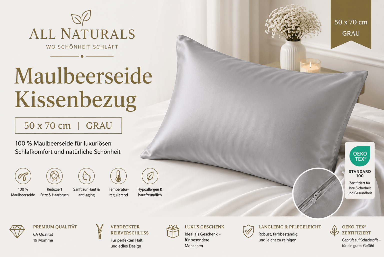 100 % Maulbeerseide Kissenbezug (Qualität 6A) 50X75 - Grau - All Naturals Shop