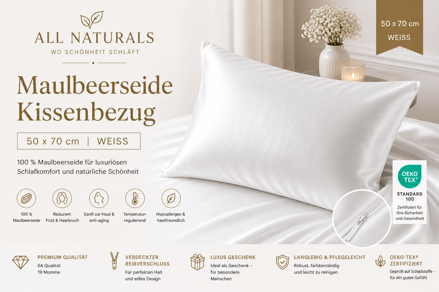 100 % Maulbeerseide Kissenbezug (Qualität 6A) 50X75 - Weiß - All Naturals Shop