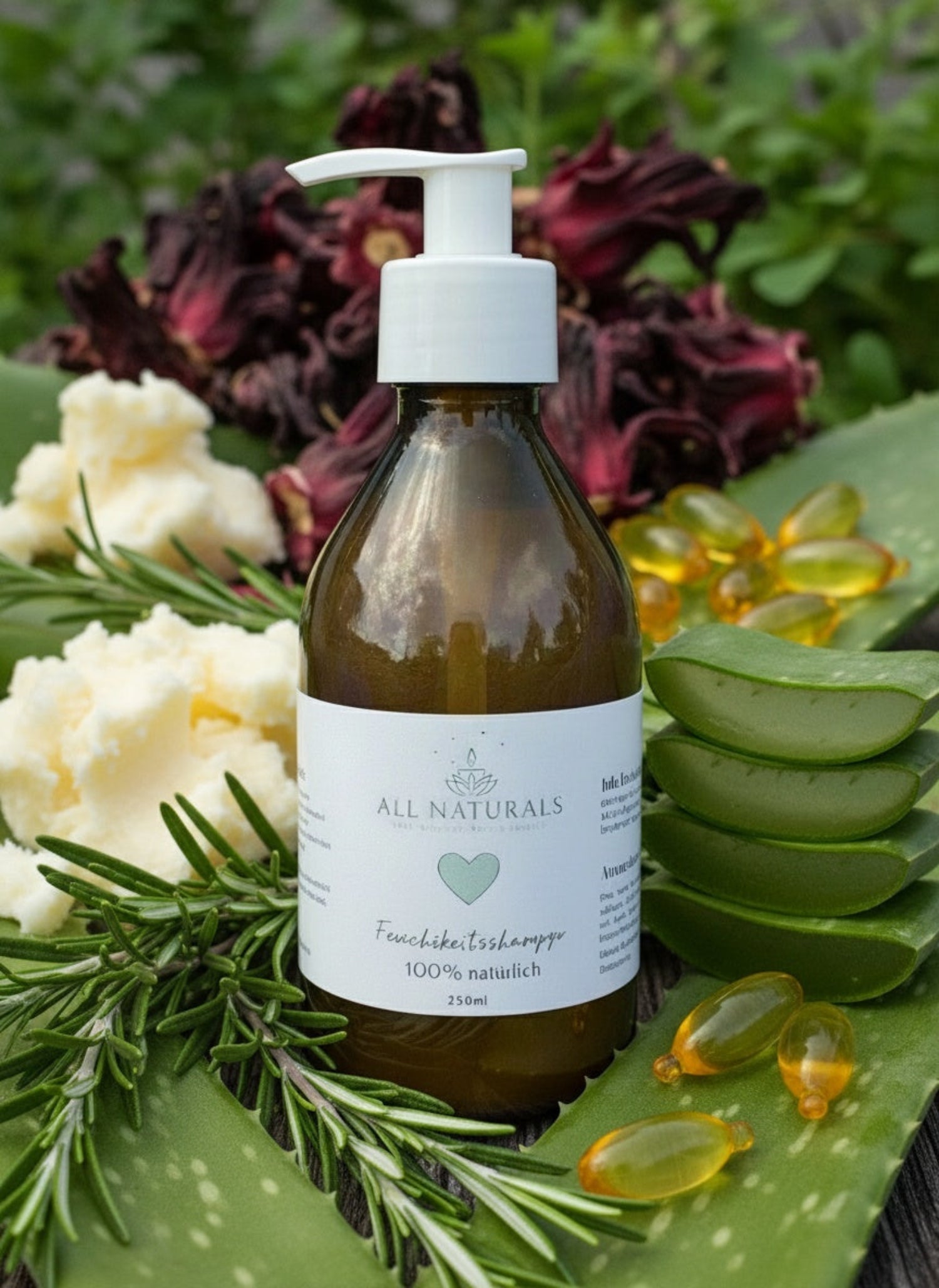 Feuchtigkeitsshampoo mit Hibiskus – bei trockener, juckender Kofphaut - 250ml - All Naturals Shop