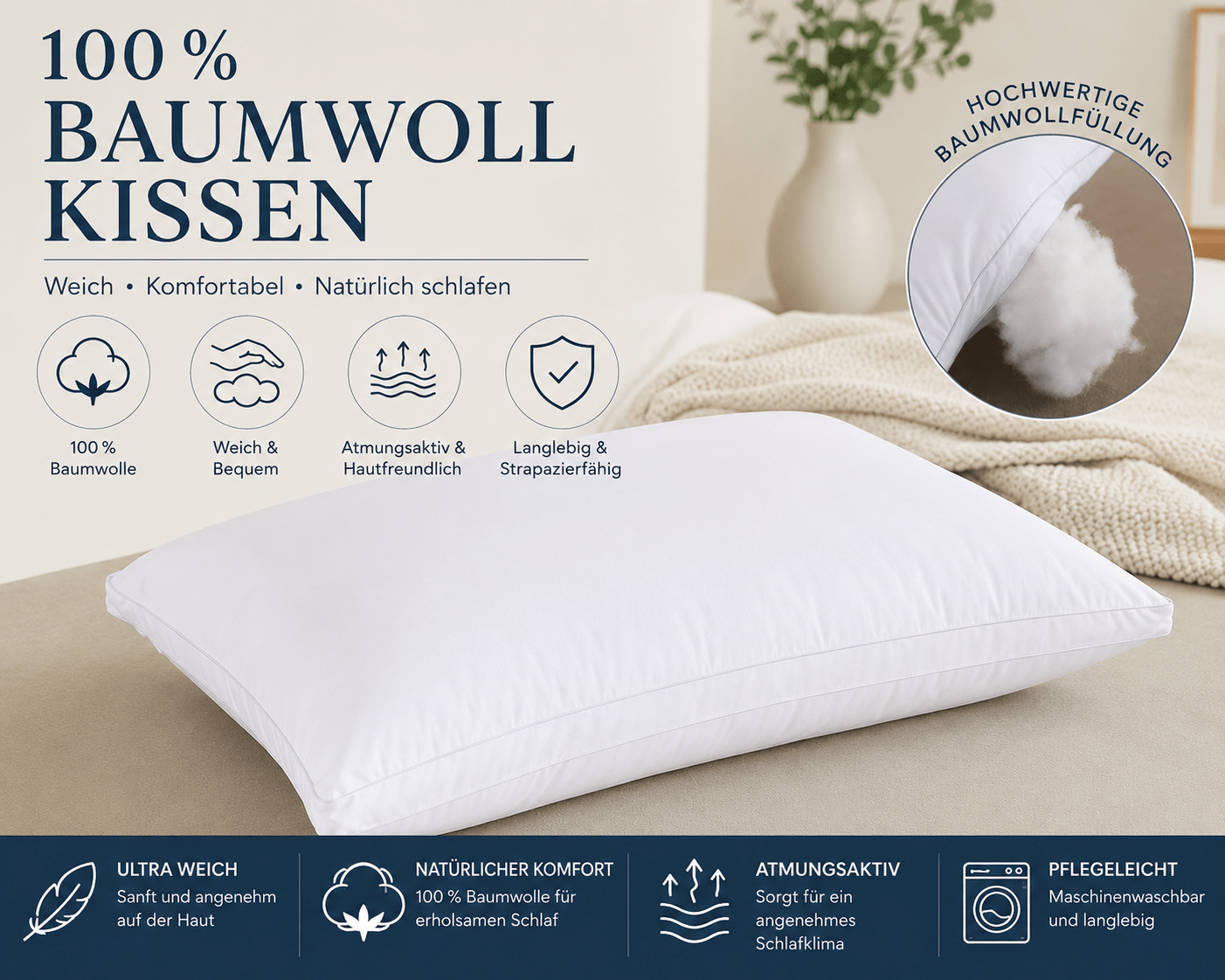 Premium 100% Baumwollkissen- 48 × 74 cm - All Naturals Shop
