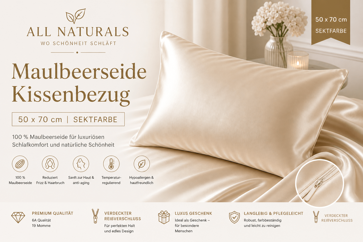 100 % Maulbeerseide Kissenbezug (Qualität 6A) 50X70 - Sekt - All Naturals Shop