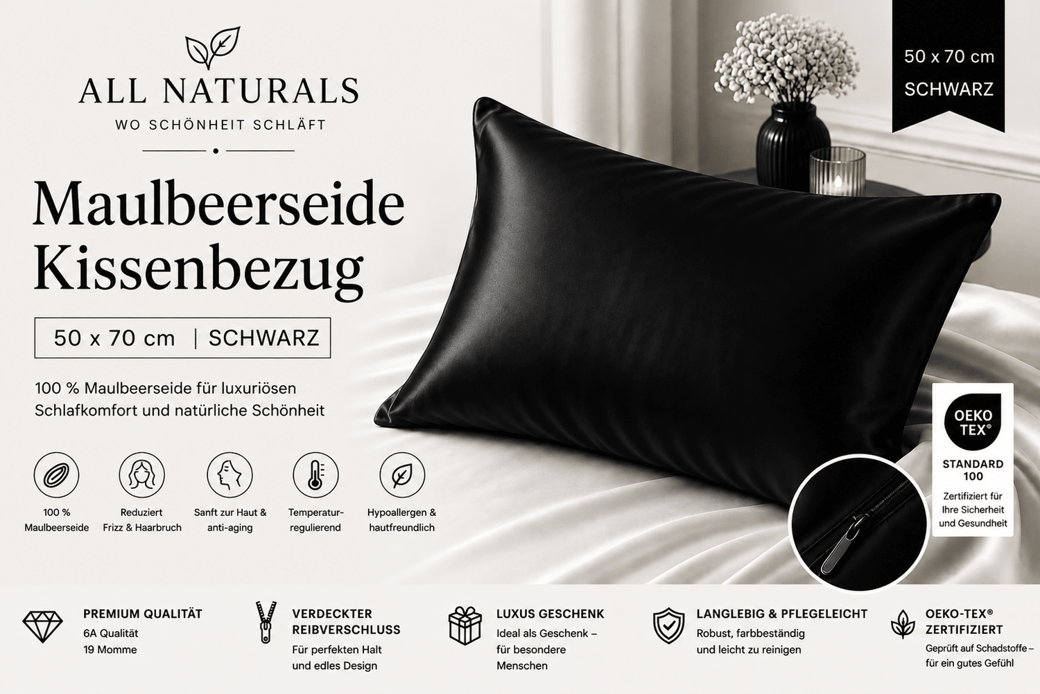 100 % Maulbeerseide Kissenbezug (Qualität 6A) 50X75 - Schwarz - All Naturals Shop