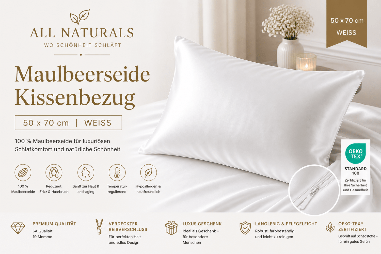 100 % Maulbeerseide Kissenbezug (Qualität 6A) 50X75 - Weiß - All Naturals Shop