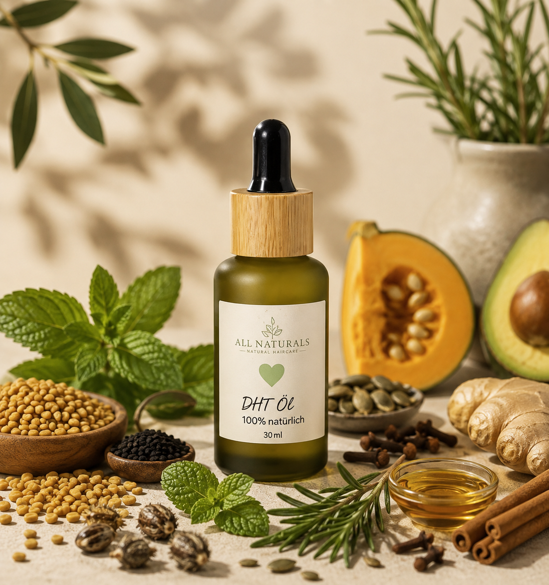 ALL NATURALS DHT Haaröl 30 ml mit Saw Palmetto, Rosmarin, Rizinusöl, Schwarzkümmelöl und Kürbiskernöl
