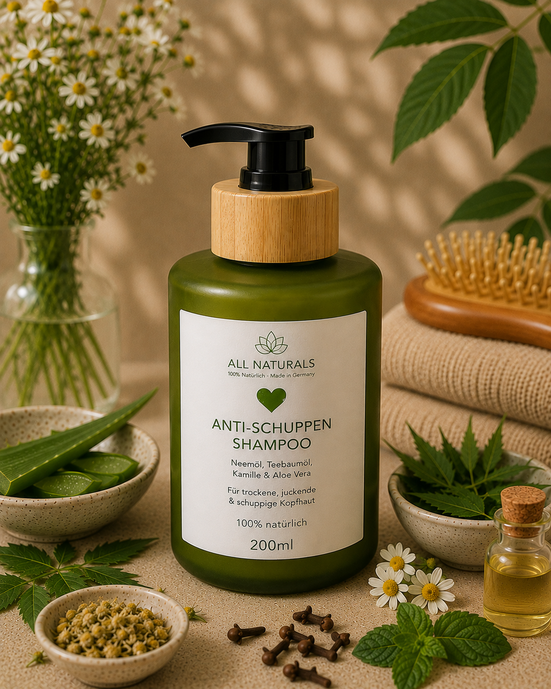 ALL NATURALS Anti-Schuppen Shampoo mit Neemöl, Teebaumöl, Aloe Vera und Kamille für trockene juckende und schuppige Kopfhaut