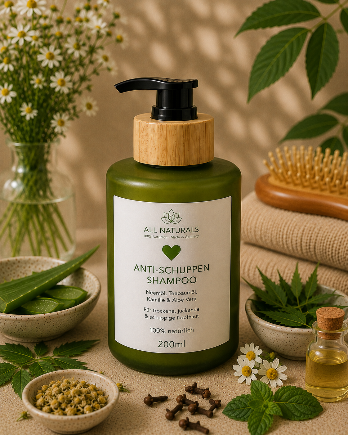 ALL NATURALS Anti-Schuppen Shampoo mit Neemöl, Teebaumöl, Aloe Vera und Kamille für trockene juckende und schuppige Kopfhaut