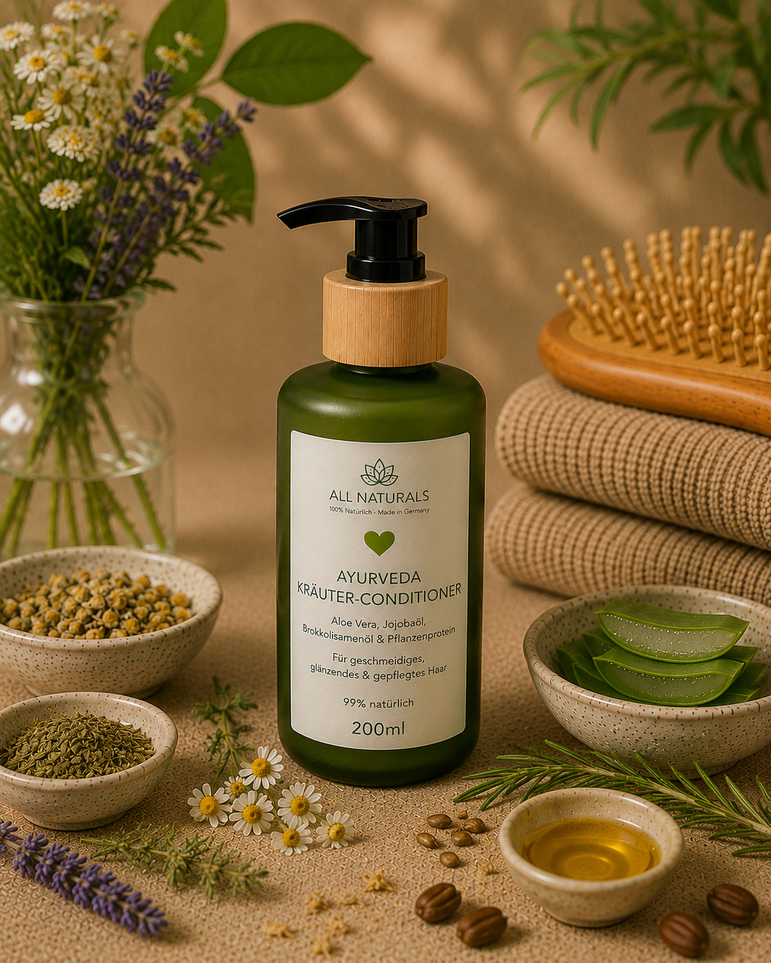 ALL NATURALS Ayurveda Kräuter Conditioner mit Aloe Vera Jojobaöl Brokkolisamenöl und Pflanzenprotein für trockenes strapaziertes Haar