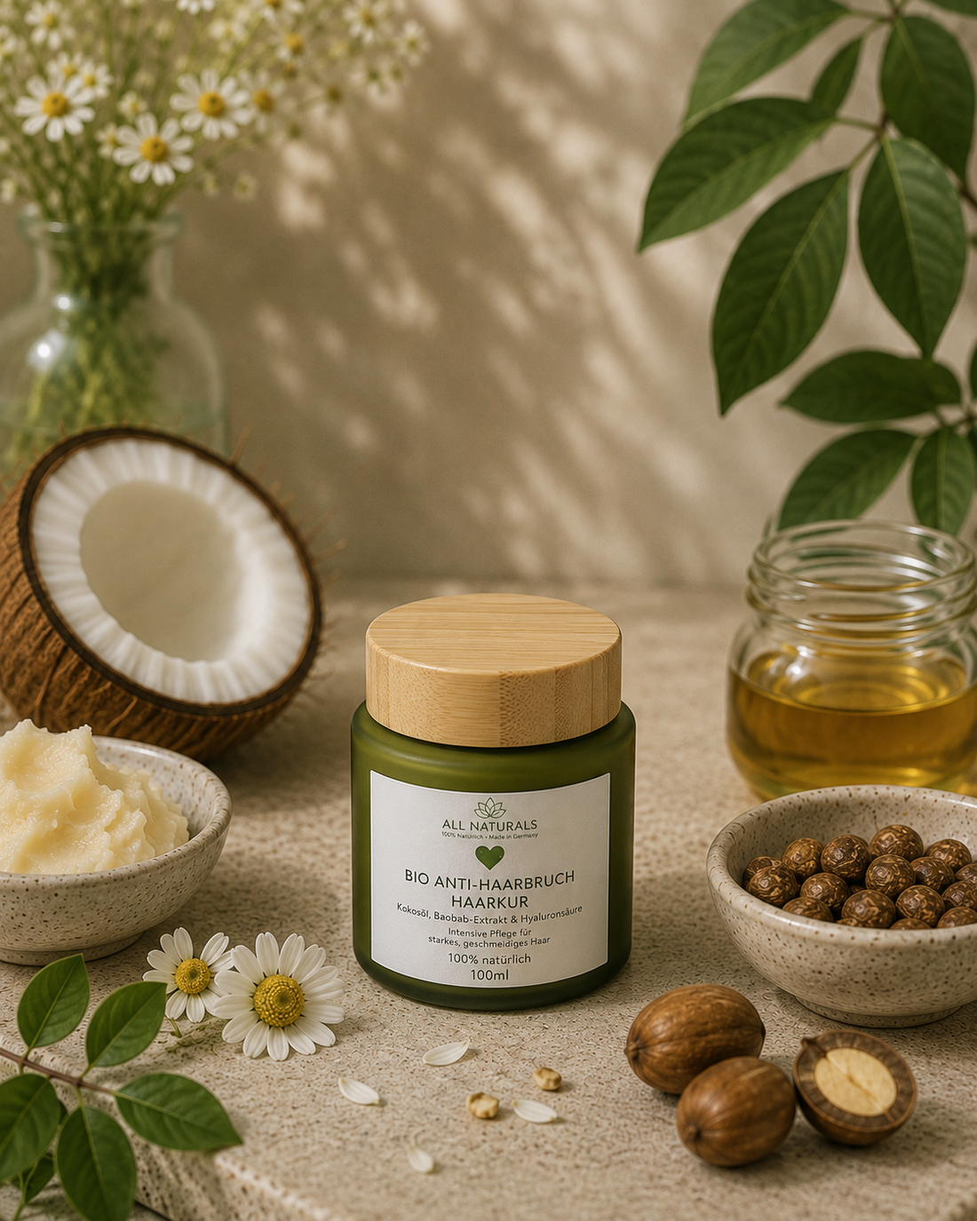 ALL NATURALS BIO Anti-Haarbruch Haarkur mit Kokosöl, Baobab, Hyaluronsäure und Sheabutter für trockenes strapaziertes Haar