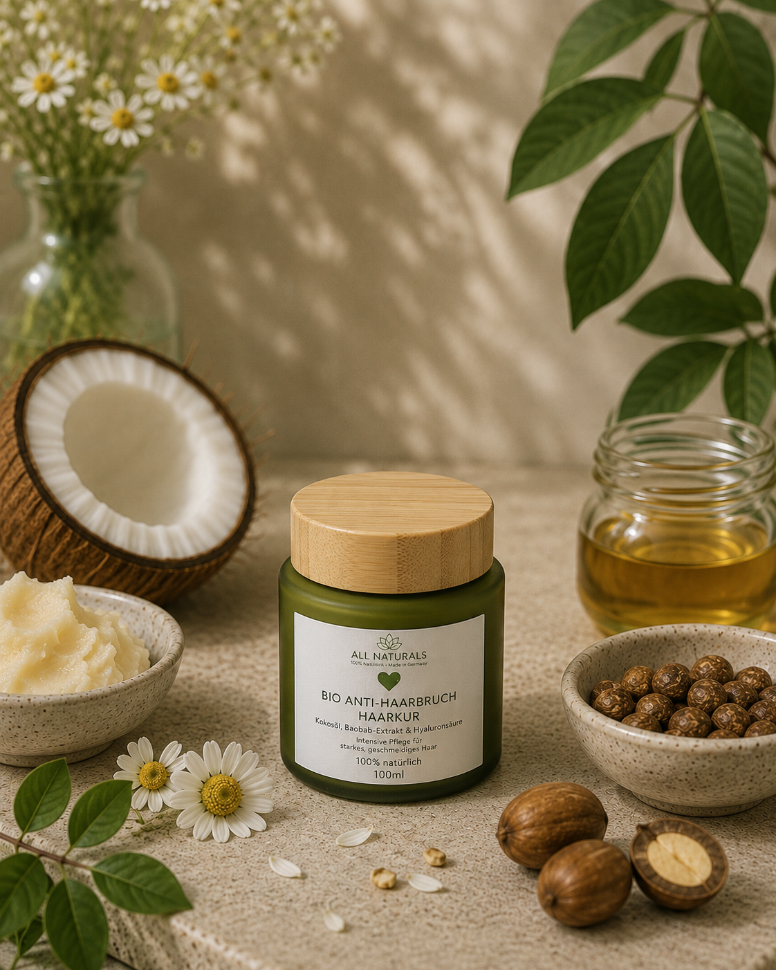 ALL NATURALS BIO Anti-Haarbruch Haarkur mit Kokosöl, Baobab, Hyaluronsäure und Sheabutter für trockenes strapaziertes Haar