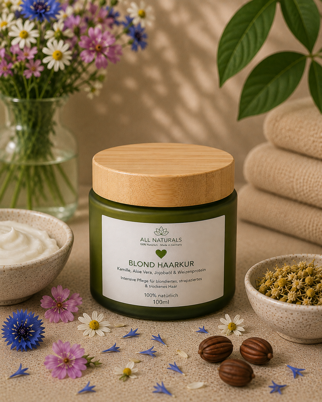 ALL NATURALS BIO Blond Haarkur für blondes, blondiertes und gesträhntes Haar. Intensive Pflanzenpflege mit BIO Kamille, BIO Malve, BIO Aloe Vera, BIO Jojobaöl, BIO Nachtkerzenöl und hydrolysiertem Weizenprotein.