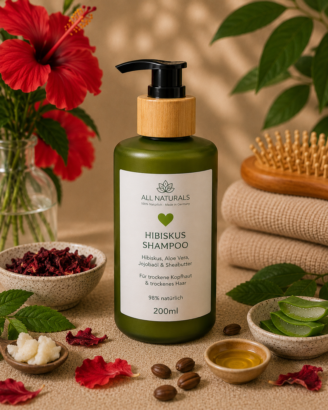 ALL NATURALS Hibiskus Shampoo 200 ml mit Hibiskus, Aloe Vera, Jojobaöl und Sheabutter für trockene Kopfhaut und trockenes Haar