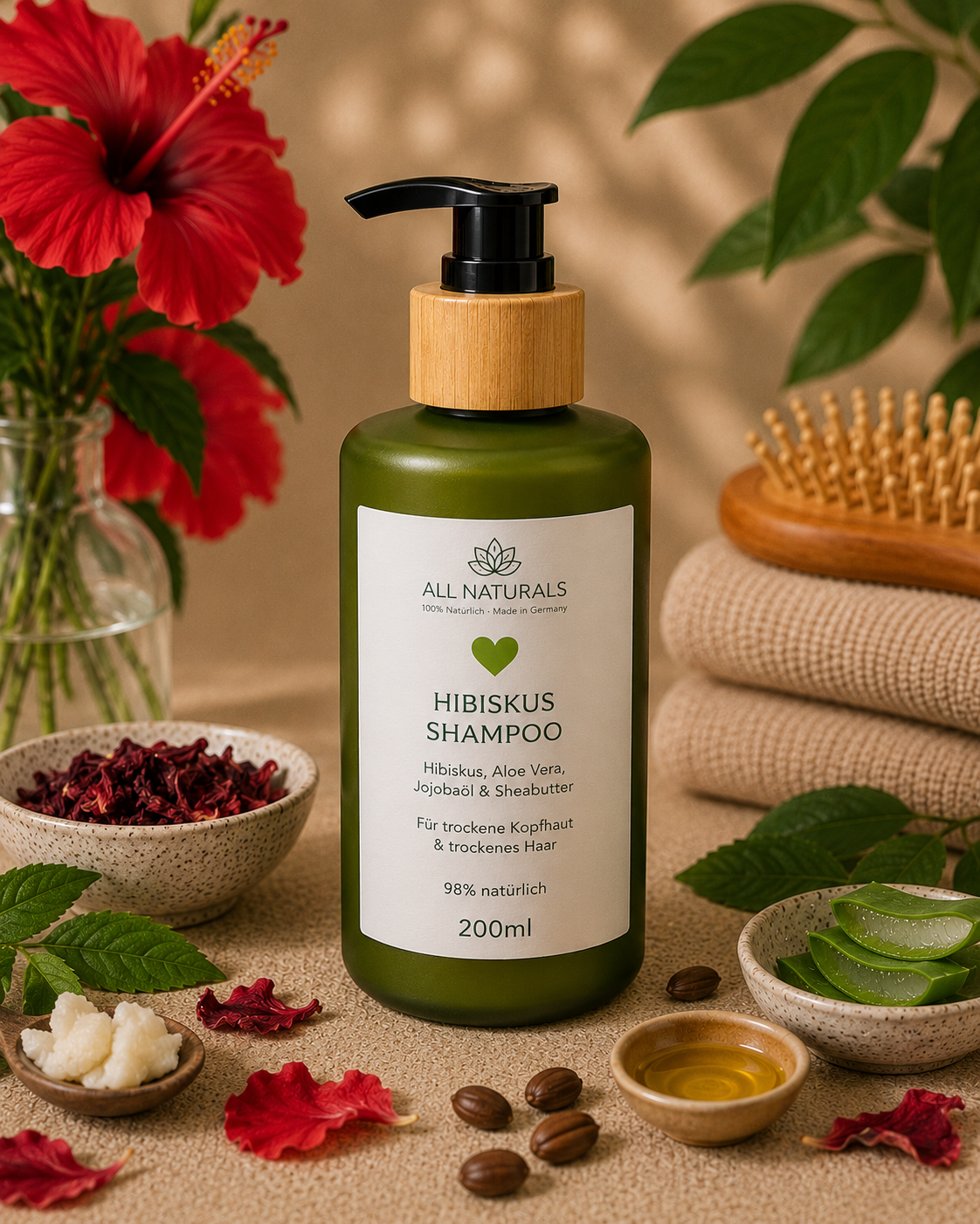 ALL NATURALS Hibiskus Shampoo 200 ml mit Hibiskus, Aloe Vera, Jojobaöl und Sheabutter für trockene Kopfhaut und trockenes Haar