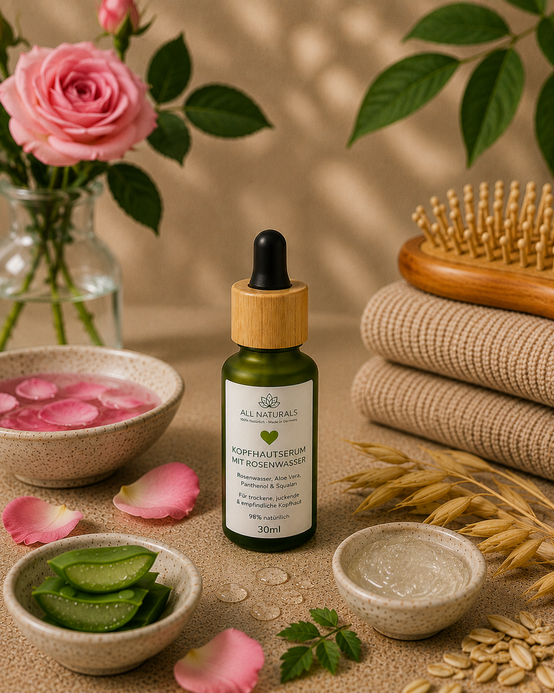 ALL NATURALS Kopfhautserum mit Rosenwasser Aloe Vera Panthenol und Squalan für trockene und juckende Kopfhaut