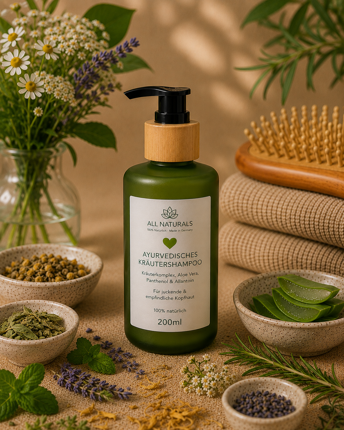 ALL NATURALS Kräutershampoo mit Aloe Vera Kamille Rosmarin und Panthenol für trockene juckende und empfindliche Kopfhaut