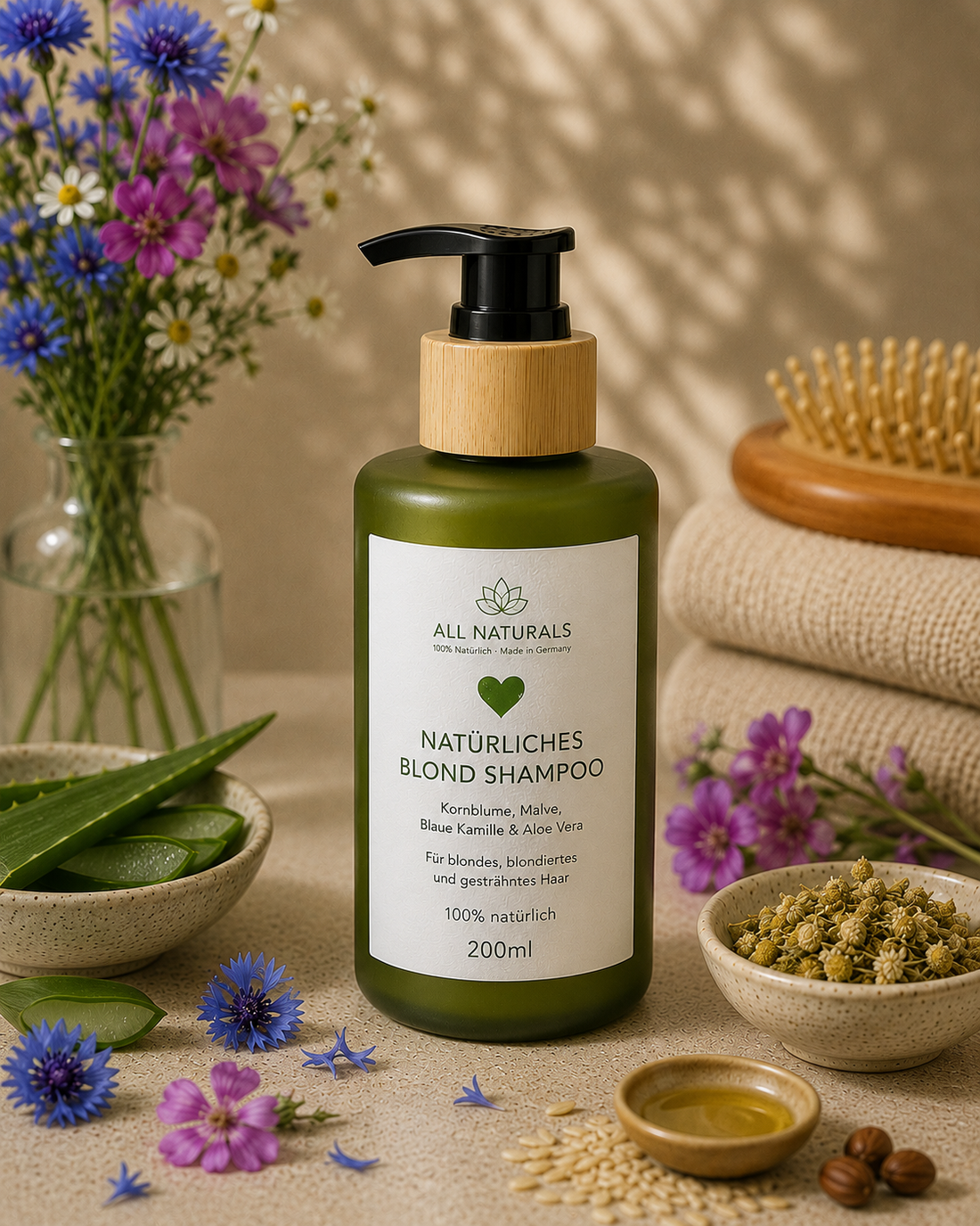 ALL NATURALS Blond Shampoo mit Kornblume, blauer Kamille und Aloe Vera für blondiertes und gesträhntes Haar
