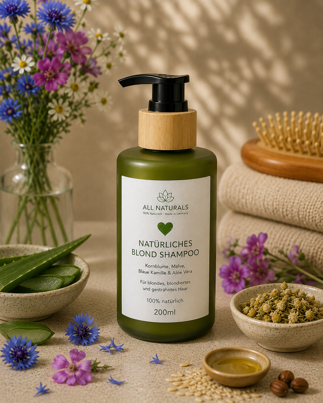 ALL NATURALS Blond Shampoo mit Kornblume, blauer Kamille und Aloe Vera für blondiertes und gesträhntes Haar
