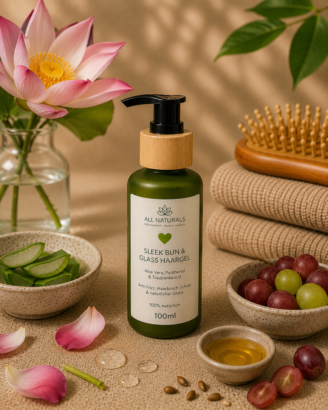 ALL NATURALS Sleek Bun &amp; Glass Hair Gel für glänzende Slick-Back Frisuren, Sleek Buns und Glass Hair Looks. Leichte Styling- und Leave-in Pflege mit Aloe Vera, Panthenol, Traubenkernöl und Lotusblumenöl.
