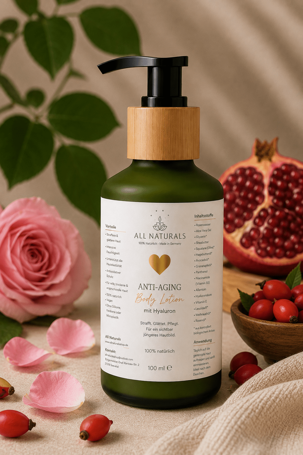 Anti-Aging Body Lotion mit Hyaluron, Hagebuttenöl &amp; Granatapfel - All Naturals Shop