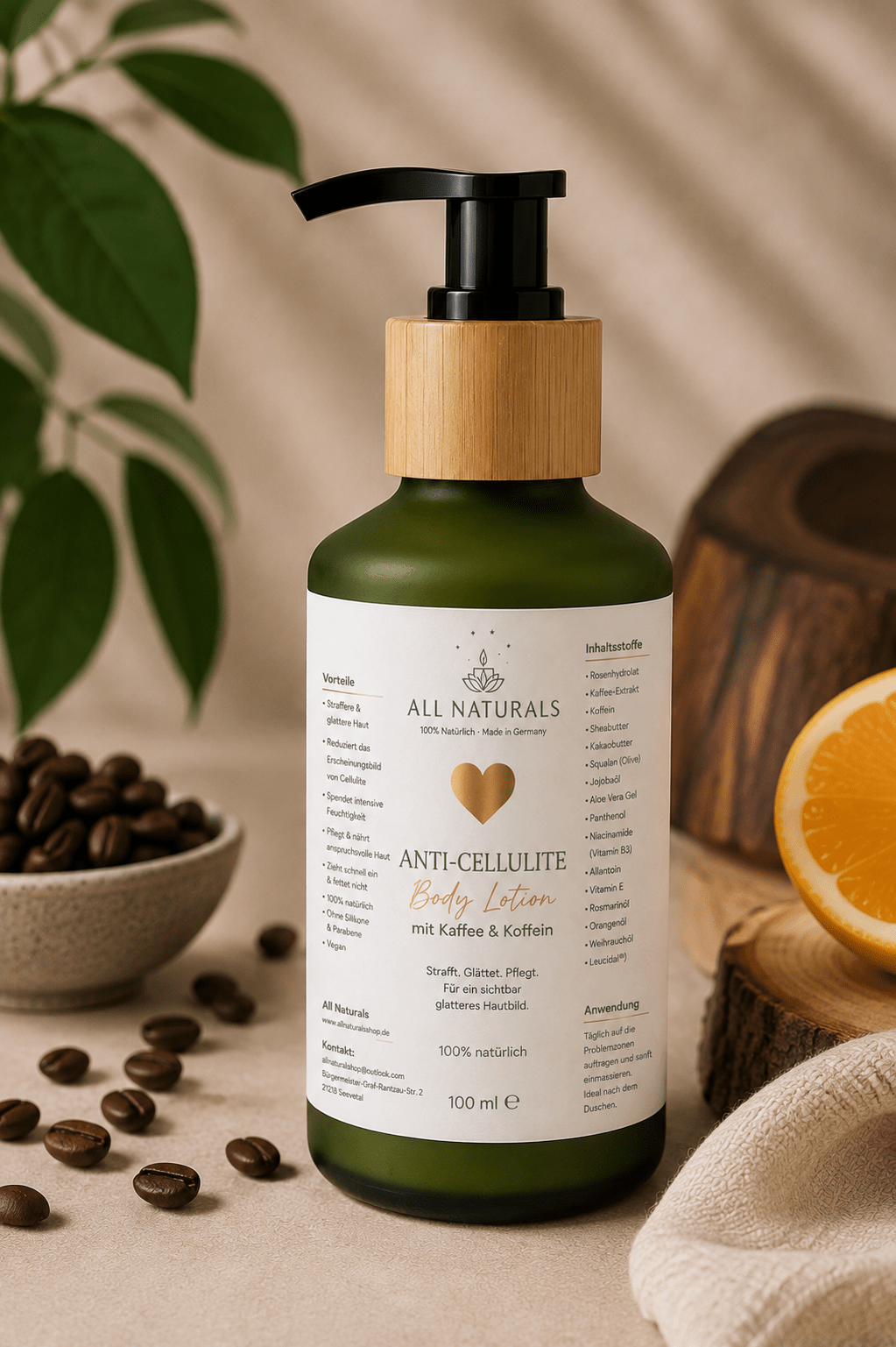 Anti-Cellulite Body Lotion mit Kaffee &amp; Koffein – Straffende natürliche Körperpflege - All Naturals Shop