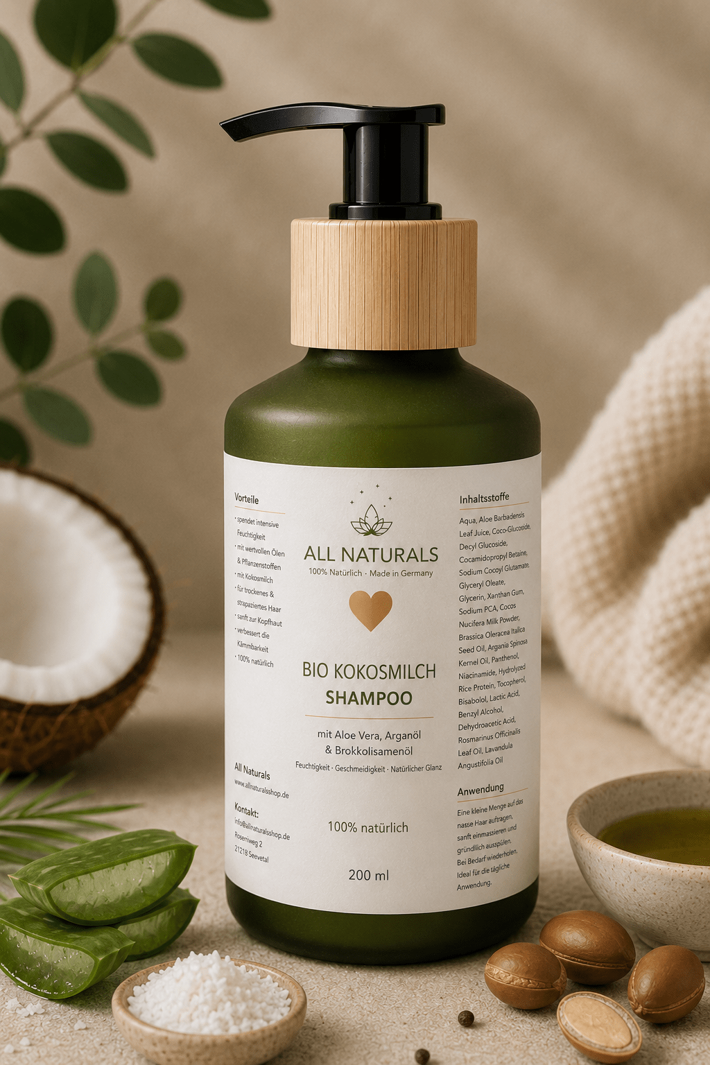 Bio Kokosmilch Shampoo mit Aloe Vera, Arganöl &amp; Brokkolisamenöl - All Naturals Shop
