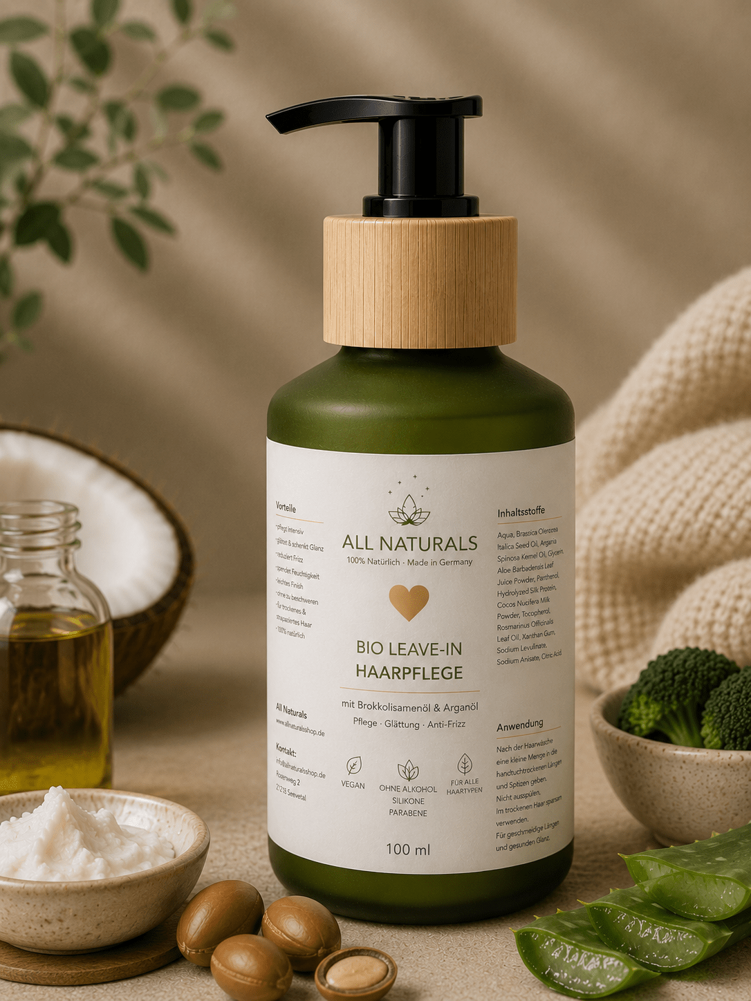 Bio Leave-In Haarpflege mit Brokkolisamenöl &amp; Arganöl – Anti-Frizz &amp; Glanz - All Naturals Shop