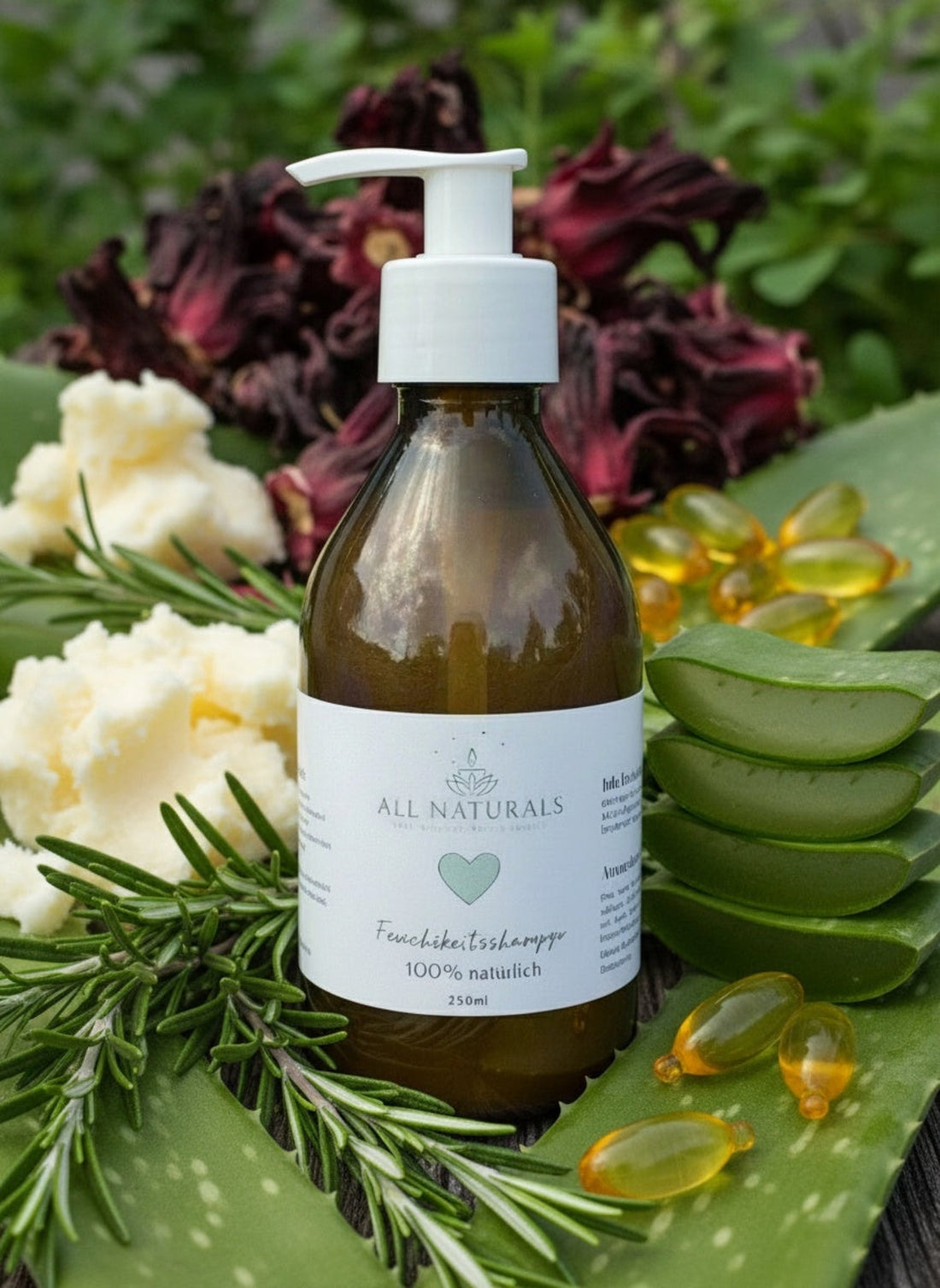 Feuchtigkeitsshampoo mit Hibiskus – bei trockener, juckender Kofphaut - 250ml - All Naturals Shop
