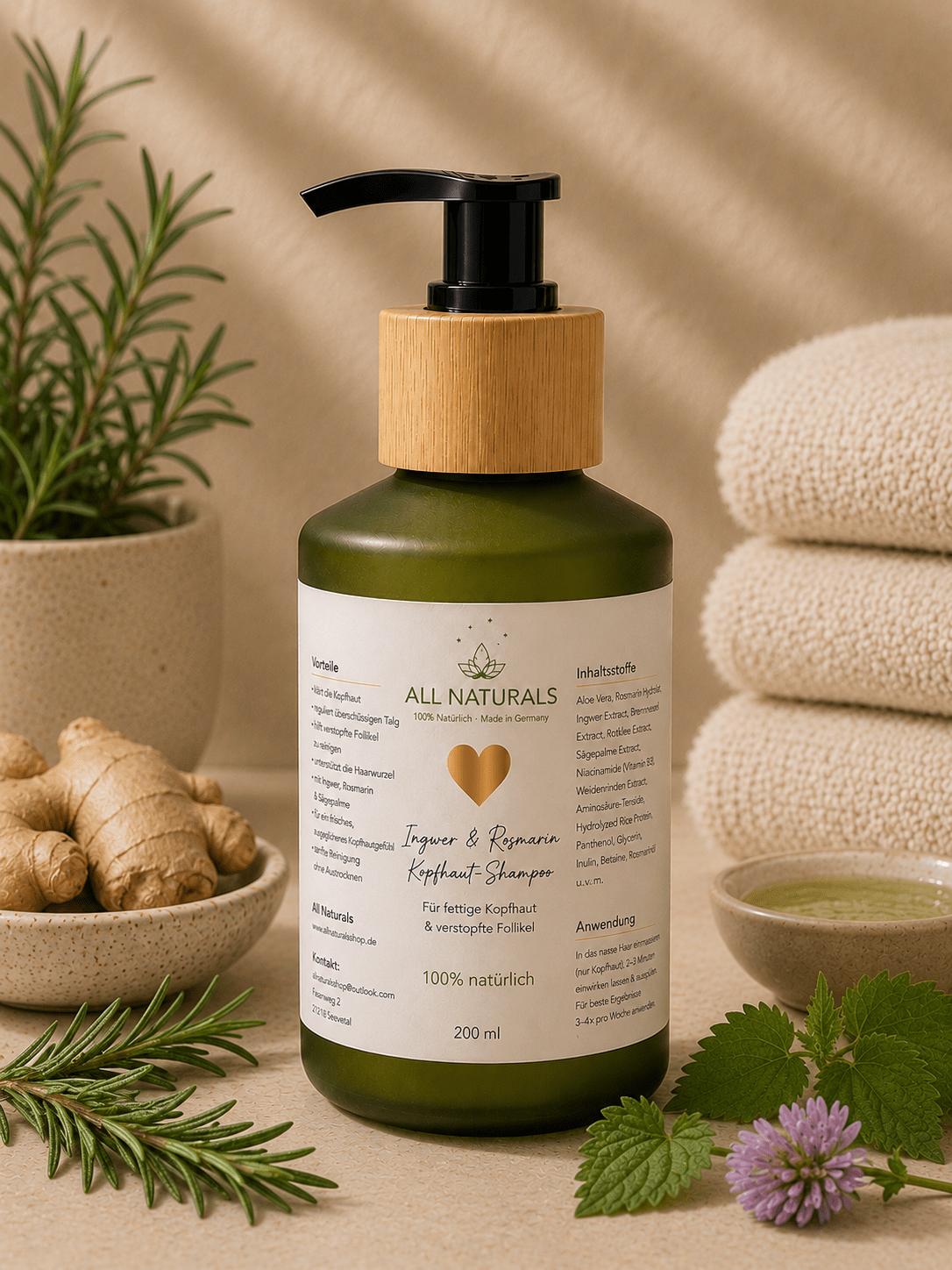 Ingwer &amp; Rosmarin Kopfhaut-Shampoo – für fettige Kopfhaut - All Naturals Shop