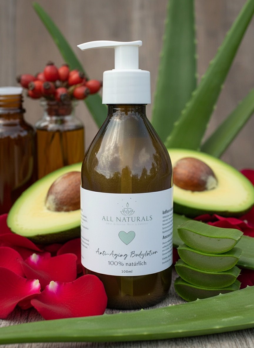 Luxuriöse Anti - Aging Bodylotion mit Hyaluron– Intensive Pflege für reife &amp; trockene Haut - 100 ml - All Naturals Shop