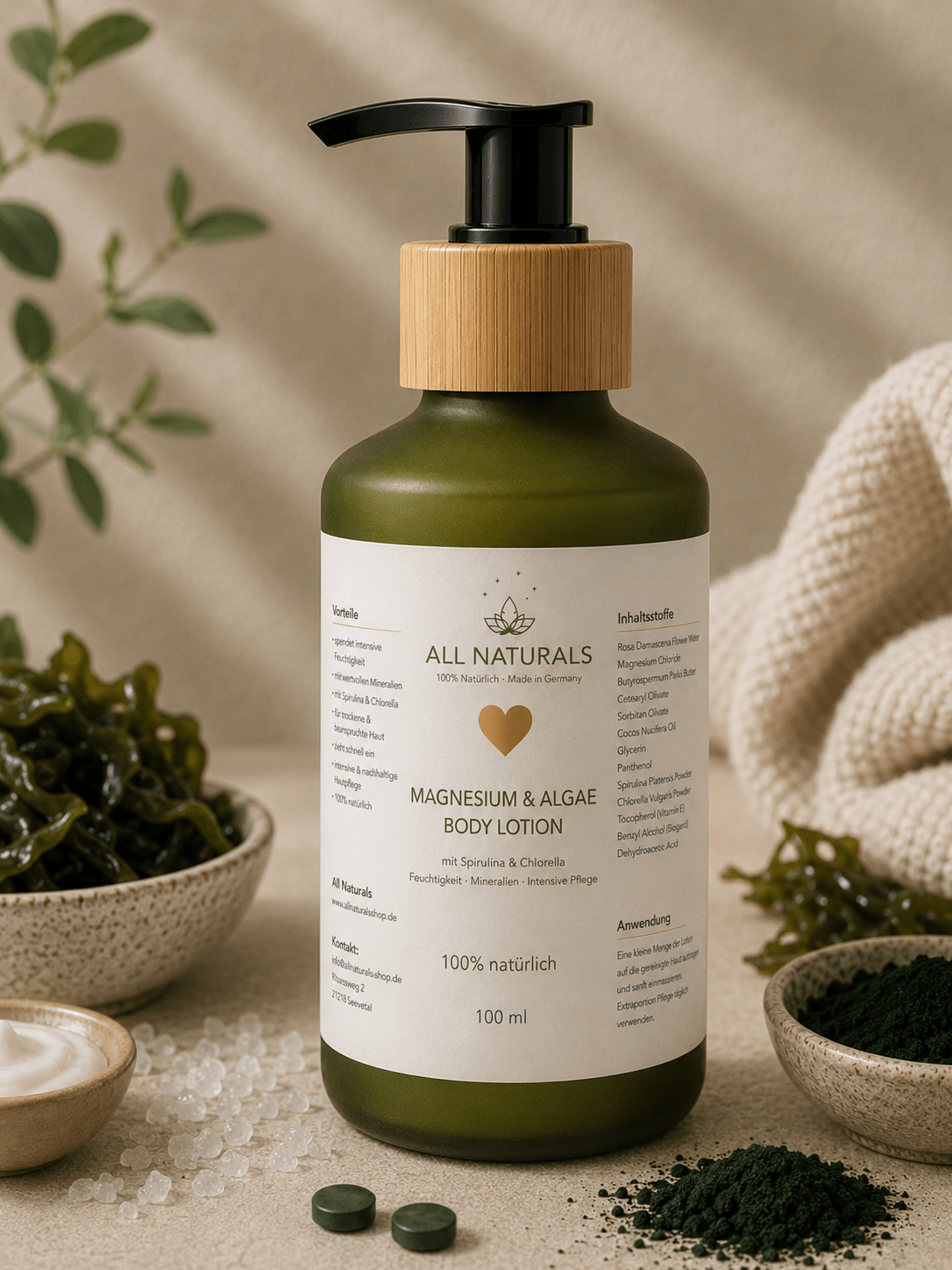 Magnesium &amp; Algae Body Lotion mit Spirulina &amp; Chlorella – Natürliche Mineralpflege - All Naturals Shop