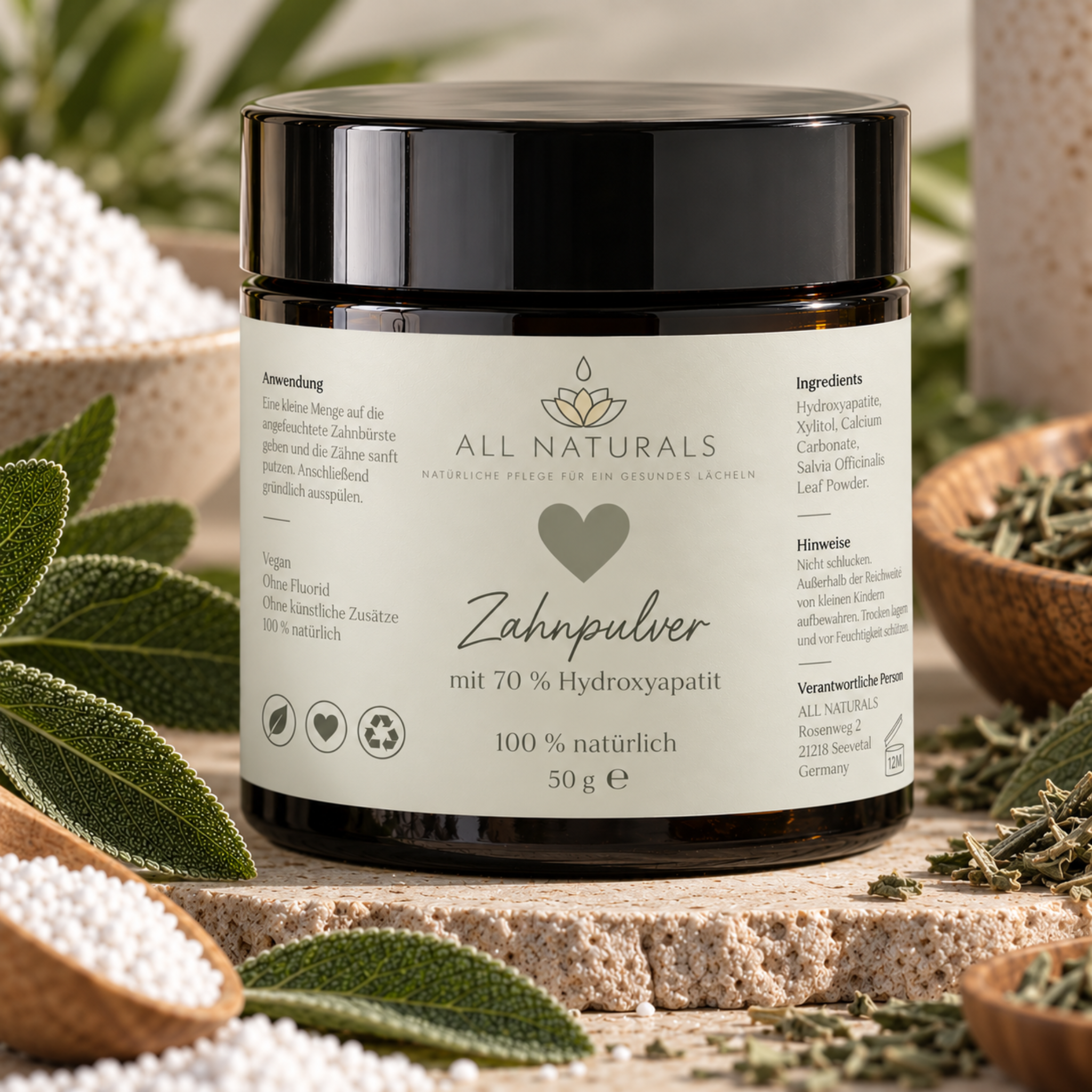 ALL NATURALS natürliches Zahnpulver mit 70 % Hydroxyapatit, Xylitol und Salbei, ohne Fluorid.