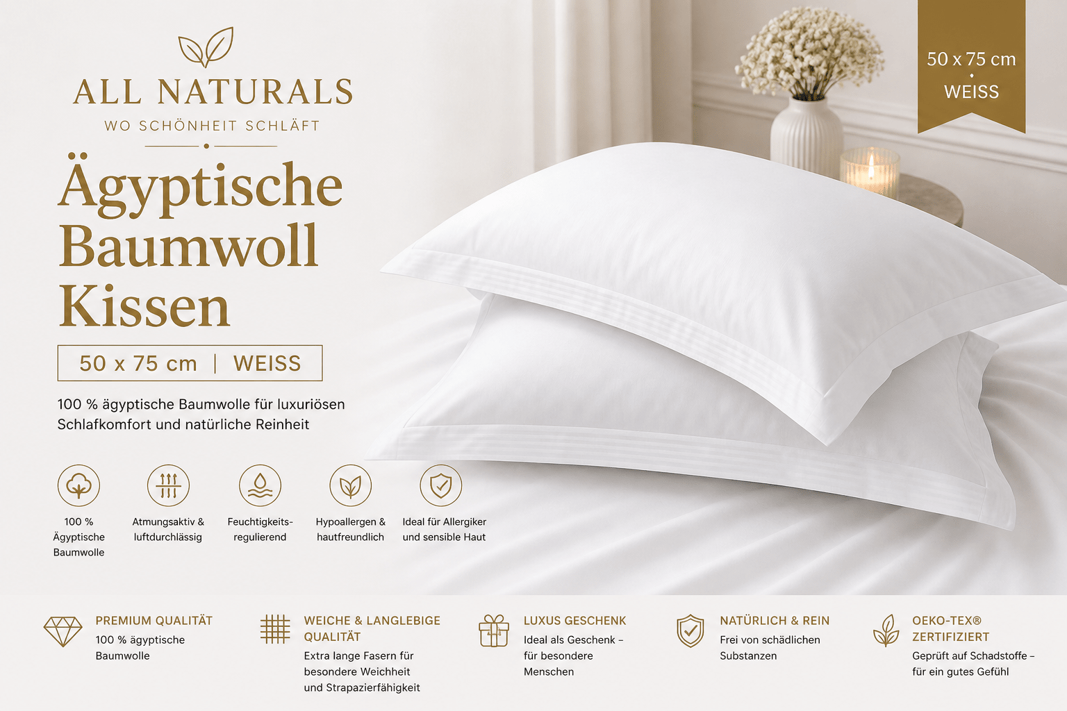 Premium Baumwollkissen – 100 % Ägyptische Baumwolle 50X75 I Weiß - All Naturals Shop